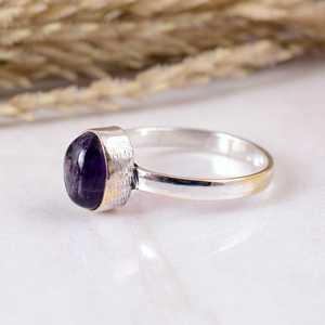 Dainty 925 <b>Sterling</b> <b>Silver</b> Purple Amethyst <b>Ring</b> Handmade Natural Oval Gemstone Matte Finish Band Boho Hippie Unisex <b>Adjustable</b> - Product Image 3