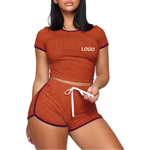 Conjunto Deportivo de 2 Piezas para Mujer, Pantalones Cortos Naranja de Algodón Tejido, Cuello Redondo, Manga Corta, Transpirable, Ajuste Holgado hasta la Rodilla, Felpa, Secado Rápido, Estilo Hip Hop - Product Image 1