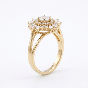 Vintage Art Deco Sunburst Lab Grown <b>Diamond</b> Engagement <b>Ring</b> Solid 14K Gold Double Halo Floral Design Elegant Jewelry For Women - Product Image 5