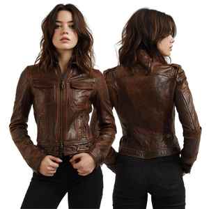 Chaqueta de Cuero Marrón para Mujer |   Chaqueta de Motero de Cuero Genuino |   Chaqueta de Cuero de Estilo Vintage y Corte Ajustado para Mujer - Product Image 2