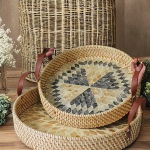 Bandeja artesanal redonda de alta calidad, estante de ducha de almacenamiento decorativo de ratán nácar Natural, bandeja de servicio, Material de madera - Product Image 5