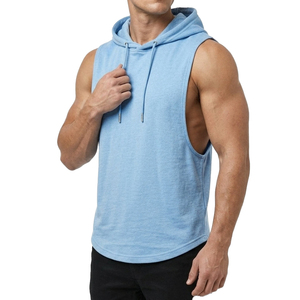 Débardeur à capuche sans manches pour homme, coupe musculation, avec logo personnalisé, vente en gros, pour fitness et entraînement de performance, avec ourlet arrondi - Product Image 4