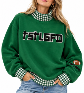 Wholesale Custom <b>Women</b>’s Green Mock Neck <b>Sweatshirt</b> <b>White</b> Gingham Plaid Faux Layered Design Embroidered Football Logo Oversized - Product Image 1
