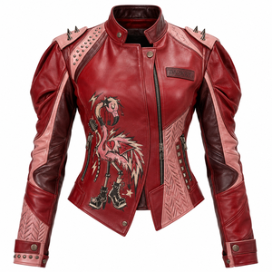 Red Pink <b>Women</b> Genuine Leather Jacket Graphic Printed Flamingo Motorcycle Biker <b>Outerwear</b> Made To Order Custom Oem Provider - Product Image 1
