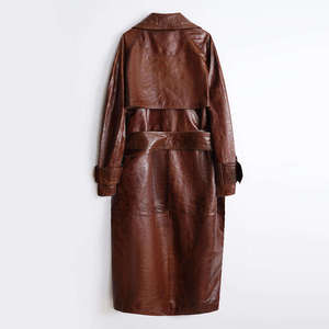 Abrigo Largo de Cuero Genuino Marrón Vintage para Mujer, con Cuello de Solapa, Doble Botonadura y Cinturón - Product Image 2