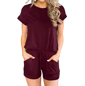 Women's Solid Color <b>Knitted</b> Short Sleeve Romper <b>Set</b> With Pockets Loose Fit O-Neck Casual Summer Wear - Product Image 3