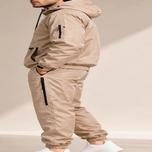 Ensemble de survêtement unisexe beige coupe-vent respirant en nylon, veste à capuche zippée et pantalon, couleur unie décontractée, manches longues, pour l'été - Product Image 4