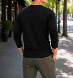 Camisa Henley Negra de Manga Larga para Hombre, Cuello en V, Lisa, con Botones Centrales, Poliéster/Algodón, Transpirable, Antiarrugas - Product Image 2