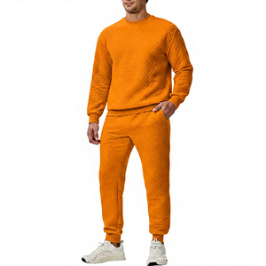 Men's Eco-Friendly 100% Cotton Dark Gray <b>Quilted</b> Tracksuit Full Sleeve Crew Neck <b>Sweatshirt</b> Pants Set Side Pockets Casual Winter - Product Image 3