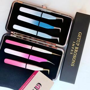 Pince à cils Getup Brosons en acier inoxydable, pointe dorée de précision, étui métallique, revêtement poudré rose, bleu, blanc, logo personnalisé - Product Image 4