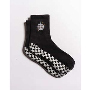 Chaussettes noires à hauteur de cheville avec broderie boule disco et semelle antidérapante à carreaux pour femmes - Product Image 1