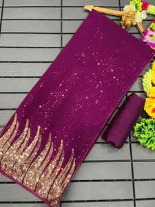 Indian Bollywood Best Selling Embroidery Sequins Fancy Purple Party Wear Look Saree Most Trendy Export Sexy <b>Blouse</b> <b>Sari</b> - Product Image 2