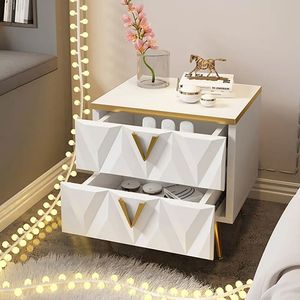 Comodino nordico bianco a 2 cassetti piccolo comodino con sfaccettature a V e mobili per camera da letto in oro - Product Image 3