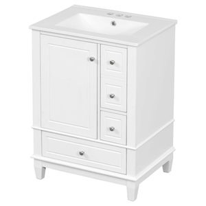 Mobile Bagno Bianco Autoportante con Top in Ceramica, Ripiani Contenitori, Lavabo da 24 Pollici, Cassetti, in MDF e Legno Massello Impermeabile - Product Image 3