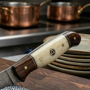 Handmade Fillet <b>knife</b> in Damascus <b>bone</b> <b>handle</b> with leather sheath - Product Image 2