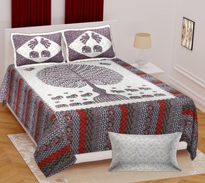 Parure de lit en coton sergé tissé de Jaipur, housse de couette et taies d'oreiller, imprimé floral éléphant et arbre, lavable en machine, respirante pour la maison - Product Image 1