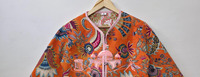 Jaket Rajut Tangan Bernapas Motif Bunga Oranye Batik Berlapis dengan Patchwork Cetak Jaipuri 100% Katun Gaya Bohemian