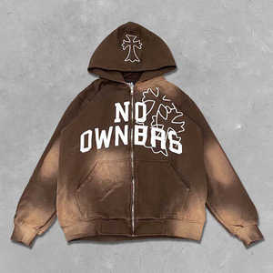 Sweats à capuche personnalisés délavés au soleil simple broderie appliques vieilli Vintage épais grande taille veste zippée pull sweat unisexe - Product Image 2