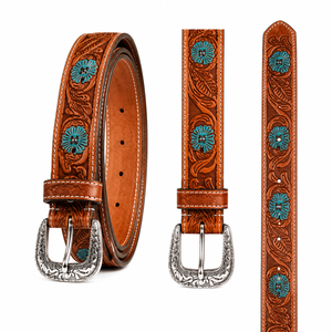 Premium Handcrafted Genuine <b>Leather</b> Belt for Men Floral <b>Tooled</b> Belt with Turquoise Concho Accents - Product Image 2