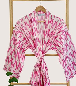 Bata Larga para Mujer, Estampado Geométrico Rosa, Manga Larga, Cuello en V, Suave, Informal, para Primavera, 100% Algodón Tejido - Product Image 4