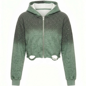 Sweat-shirt personnalisé pour femme, vert dégradé, avec imprimé à pois, manches longues, design zippé court, style Y2K, respirant, en tricot - Product Image 1