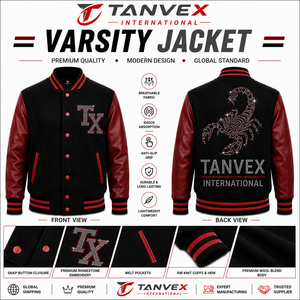 TANVEX INTERNATIONAL Men's Varsity <b>Jacket</b> Black Gold <b>Rhinestone</b> Embroidery PU Leather Snap Button Closure Preppy Style - Product Image 2