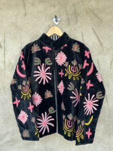 Chaqueta Bomber de Mujer Estilo Boho, Bordada con Flores de Terciopelo, Hecha a Mano, para Invierno/Otoño, Manga Larga, Ecológica - Product Image 4