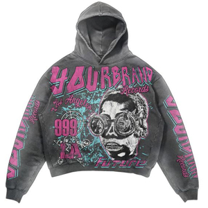 TOPSHOW Sweat à capuche personnalisé noir 450-500 g/m² en molleton bouclette français, effet délavé, patchwork, coupe oversize, court et carré, pour homme, effet délavé soleil et délavé à l'acide - Product Image 3