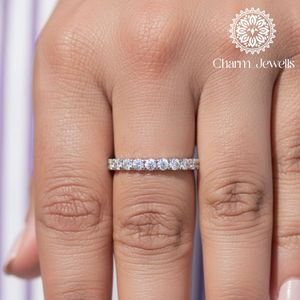 Charm_Jewells Women's 925 <b>Silver</b> Moissanite Eternity <b>Band</b> <b>Ring</b> Round Brilliant Cut Pave Setting Classic Style Wedding <b>Ring</b> - Product Image 3