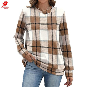 Sweat-shirt en molleton à carreaux pour femme, à manches longues, col rond, tricoté, décontracté, pour l'automne - Product Image 5