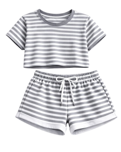 Conjunto de Top Corto y Pantalones Cortos a Rayas Grises y Blancas para Mujer, Estilo Casual de Verano, Dos Piezas, Cintura Elástica, Ropa de Salón, Ropa Urbana, OEM - Product Image 1