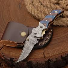 Cuchillo de Caza Plegable de Acero de Damasco con Hoja de Punta Clip, Mango de Madera, Perilla para el Pulgar, Uso en Exteriores, EDC, OEM, 7 Pulgadas, Garantía de 3 Años - Product Image 2