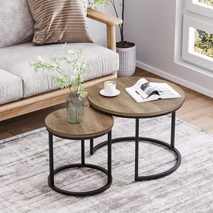 Nesting Coffee Table Set of 2 for Living Room Round Wooden Top & Matte Black Metal Base Space Saving Modern Coffee Tables - Product Image 5