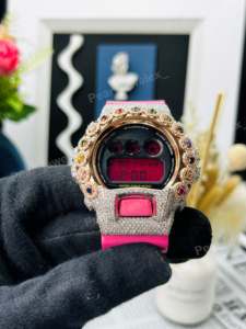Montre numérique de luxe pour femmes, bracelet en caoutchouc rose, boîtier en moissanite VVS, boîtier rond en argent, résistante à l'eau 20BAR - Product Image 1