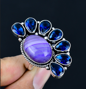 Bague de mariage traditionnelle en agate bleue en forme de fleur, bijou spécial, cadeau pour maman, plaqué argent 925 - Product Image 2