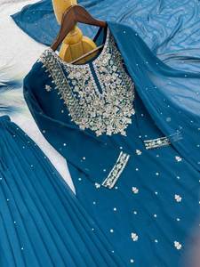 Traje Salwar de Seda para Mujer, Estilo Indio-Pakistaní, Sharara Gharara, Color Cielo, para Fiestas, Bodas, Uso Casual, Estilo Tradicional, para Todas las Temporadas - Product Image 4