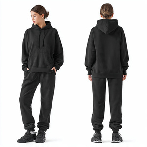 Women Black Hooded Tracksuit 100% Cotton Full Length Loose Fit Casual <b>Jogger</b> <b>Set</b> With Side Pockets Autumn Wear - Product Image 4