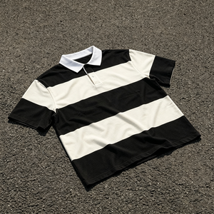 Polo a Rayas con Bloques de Color para Hombre, Manga Corta, Cuello Blanco, Top Informal de Punto - Product Image 1