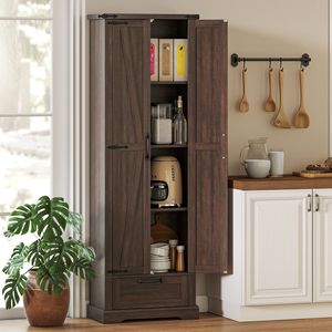71\" Modern <b>Pantry</b> Cabinet for <b>Kitchen</b> Storage Brown Dining Room with Adjustable Shelves Barn Doors Plywood Panel Door - Product Image 2