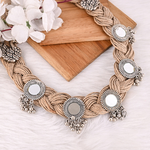 Designer Jute Mirror Work Jewelry Set <b>Necklace</b> Earrings & <b>Ring</b> Boho Fashion Accessories for Women - Product Image 4