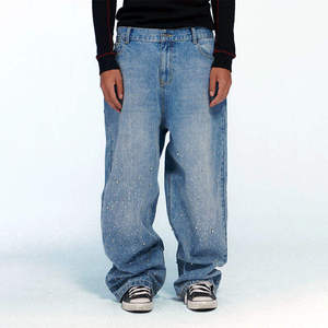 Hot Sale Custom Rhinestone Baggy Wide Leg Diamond Denim <b>Jeans</b> Fashion Streetwear Model with Mid Waist Straight Style - Product Image 2