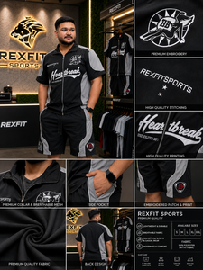 REXFIT SPORTS 2026 Ensemble de survêtement personnalisé pour homme en polyester noir et gris, ensemble de vêtements de sport à manches courtes avec fermeture éclair et broderie - Product Image 2