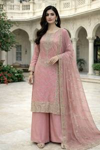 Ensemble de salwar kameez en soie brodée rose avec dupatta pour femmes indiennes/pakistanaises traditionnelles, idéal pour les remises de diplômes, Diwali, mariages - Product Image 3