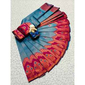 TEJIDO ATRACTIVO SEDA ZARI TEJIDO TRABAJO SAREE CON BLUSA DESCOSADA SKY - Product Image 1