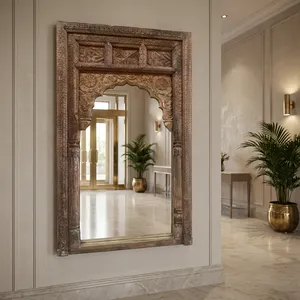 Grand miroir mural décoratif Jharokha en bois massif sculpté à la main avec motif floral, idéal pour hôtel, ferme, salle de bain, salon - Product Image 5