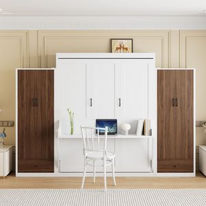 Lit Murphy pleine taille blanc avec tiroirs de rangement et table - Lit mural avec fonctions de rangement pratiques - Product Image 2