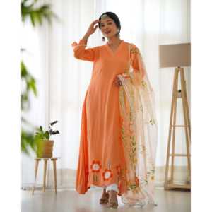 Ensemble de costume ample vintage en mousseline orange peinte à la main Uma XS, motif floral, tenue ethnique pour femme, idéal pour les fêtes d'été - Product Image 5