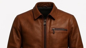 Blouson moto en cuir véritable beige pour homme, col rabattu, fermeture éclair, coupe ajustée, manches classiques, couleur unie, automne - Product Image 4