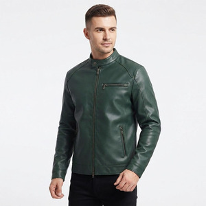 Custom Men's Dark Green Genuine Leather Cafe <b>Racer</b> <b>Jacket</b> Slim Fit Snap Collar Zip Pocket Moto Biker <b>Jacket</b> for Men OEM - Product Image 3