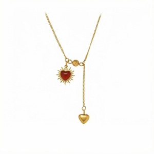 Collar con Colgante de Corazón y Sol de Acero Inoxidable, Doble Capa, Dorado, para Mujer, Venta al Por Mayor, MOQ Bajo - Product Image 2